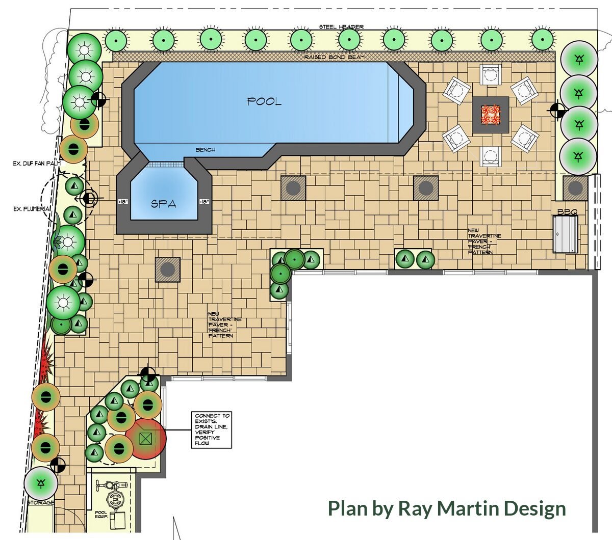 Colored landscape plan of a pool, spa, fire pit and travertine paver courtyard