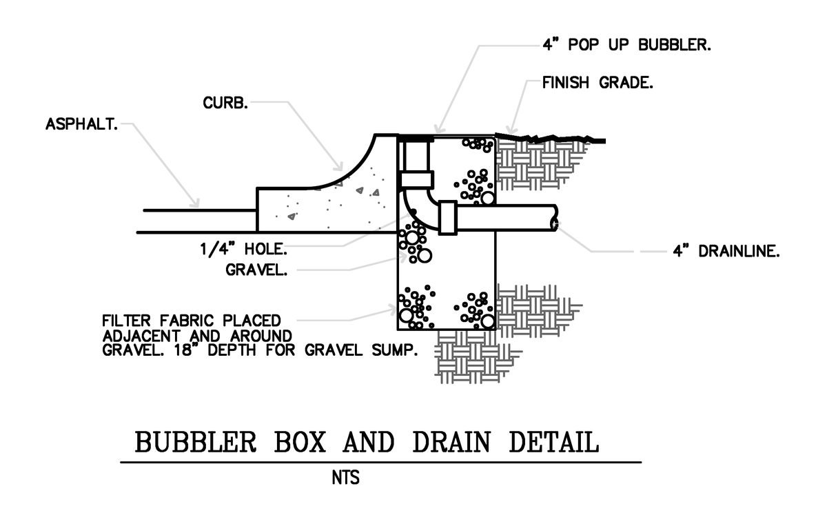 Construction detail drawing of a drain box and pop-up bubbler outlet
